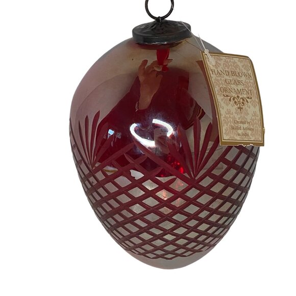 Christmas jumbo glass silver egg ornament red etching metal finial India 8" - Picture 2 of 9